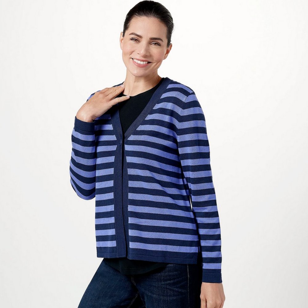 NWT ISAAC MIZRAHI SINGLE BUTTON STRIPED CARDIGAN SWEATER‎ DARK NAVY LARGE
